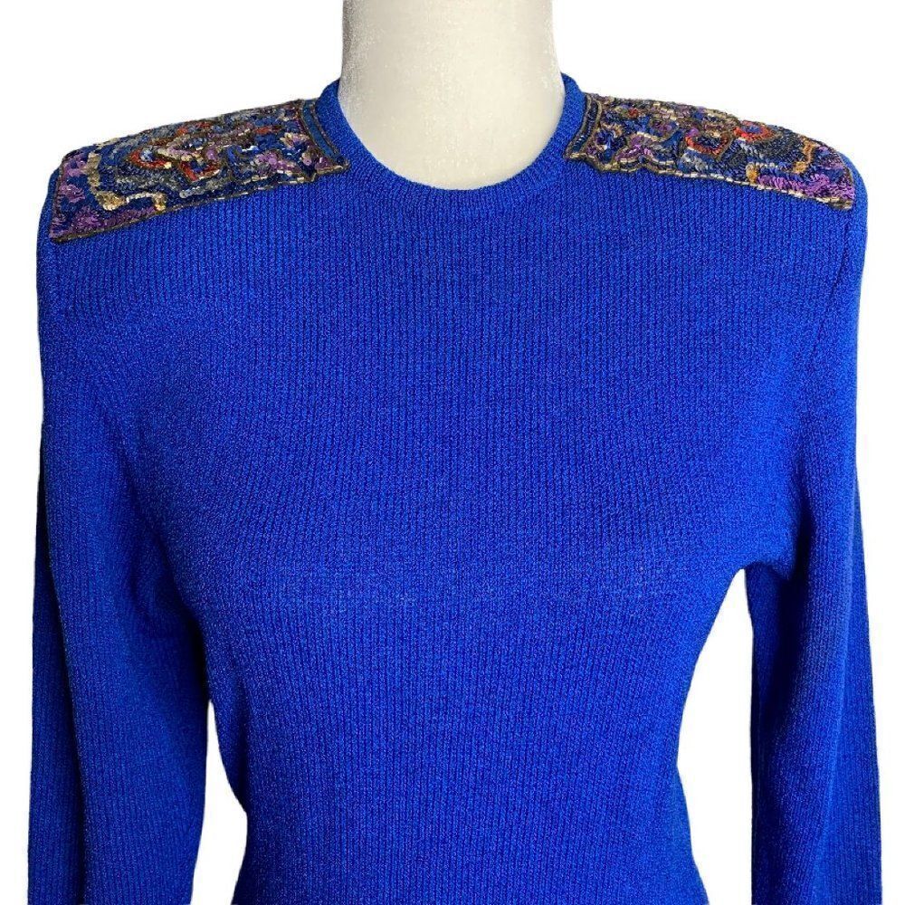 Vintage Donna Michele Dropped Waist Dress S Blue Knit Sequin Tulle Petti Skirt - Picture 2 of 10